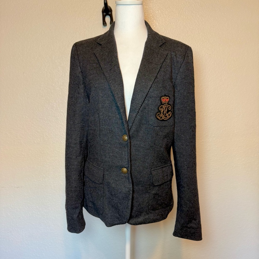 Ralph Lauren Vintage Wool Blazer Jacket Crest Patch Charcoal Gray Size 14 - Picture 15 of 15